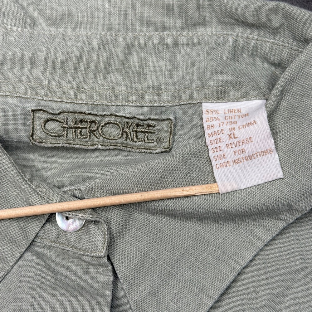 Vtg Cherokee Shirt Womens XL Sage Green Linen Cotton Blend Embroidered Button Up - Picture 3 of 7
